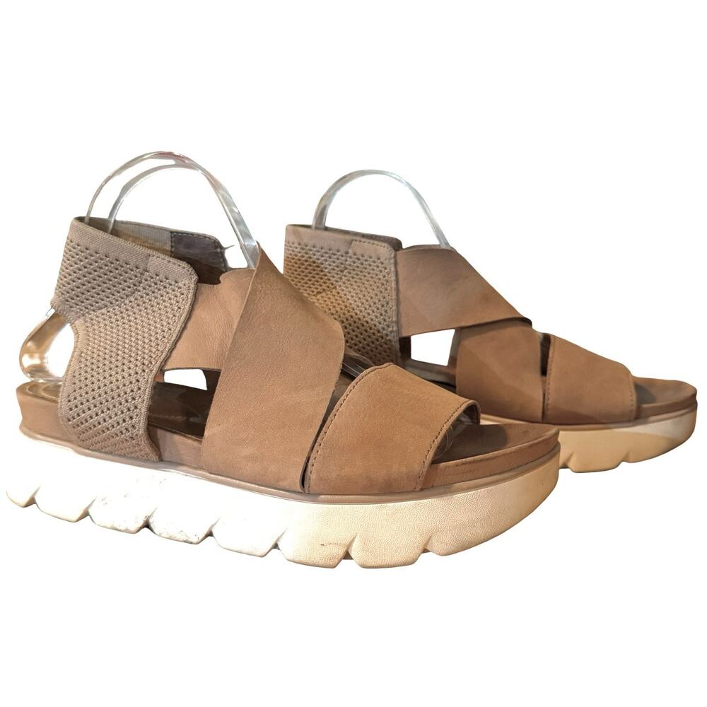 Eileen Fisher Tan Leather Criss Cross Ankle Platform Wedge Sandals Shoes sz 10